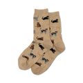Pair of beige crew socks with a pattern of various cats in gray, brown, and black.