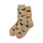 Pair of beige crew socks with a pattern of various cats in gray, brown, and black.
