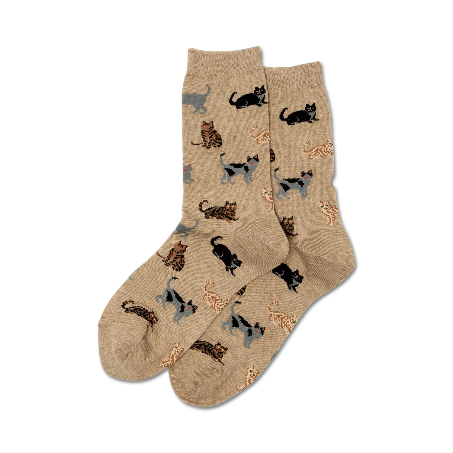 Pair of beige crew socks with a pattern of various cats in gray, brown, and black.