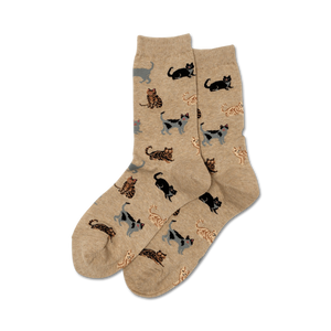 tan crew socks with playful black, gray, and brown cat pattern. perfect for cat lovers.  