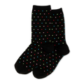 Pair of black crew socks with a repeating pattern of small, colorful pindot hearts in red, green, blue, and pink.