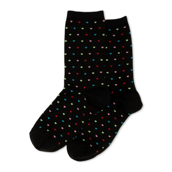 Pair of black crew socks with a repeating pattern of small, colorful pindot hearts in red, green, blue, and pink.