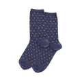 Pair of heathered navy blue crew socks with repeating small hearts in yellow, green, light blue, and pink.