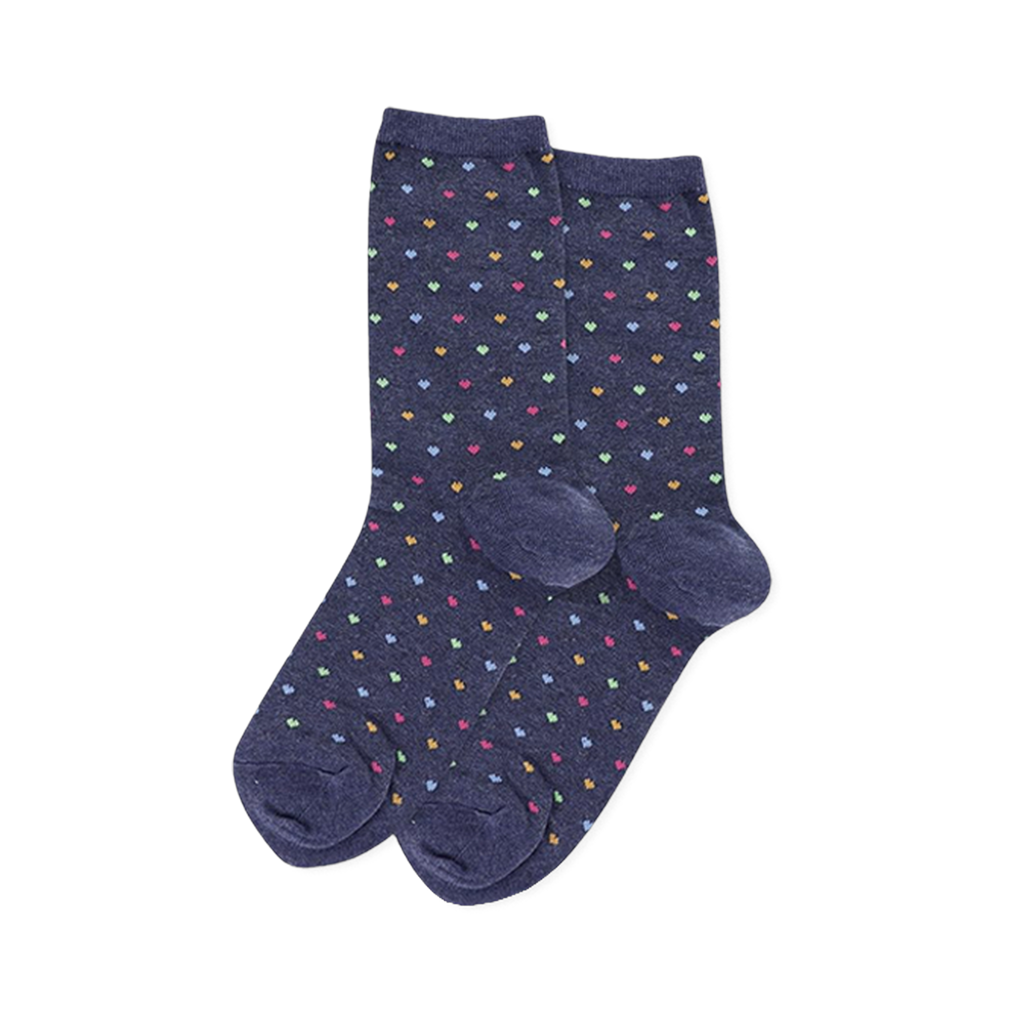 Pair of heathered navy blue crew socks with repeating small hearts in yellow, green, light blue, and pink.
