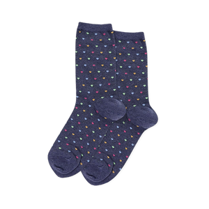 Pair of heathered navy blue crew socks with repeating small hearts in yellow, green, light blue, and pink.
