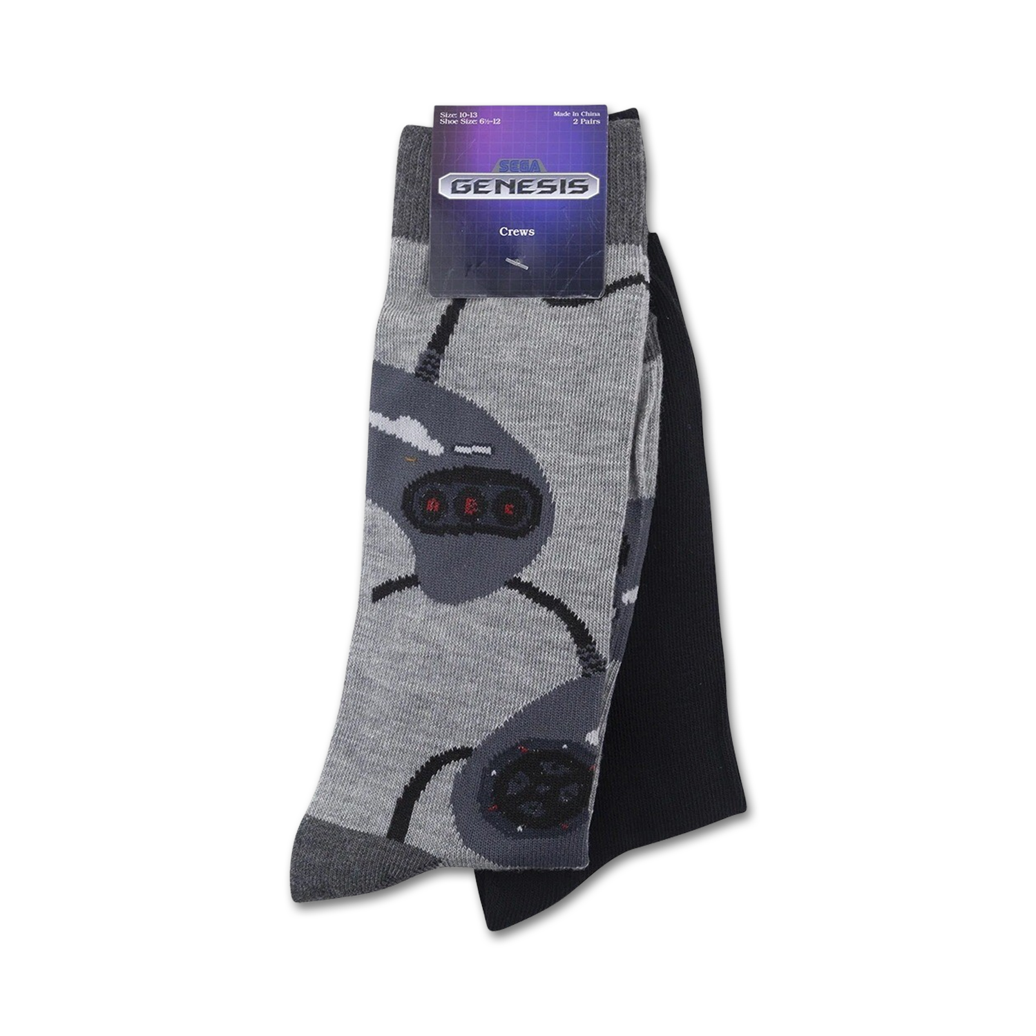 Product shot of the Sega Genesis crew socks on their packaging card.