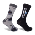 Two crew socks; one grey with repeating Sega Genesis controller designs, the other black with a white Sega Genesis logo.