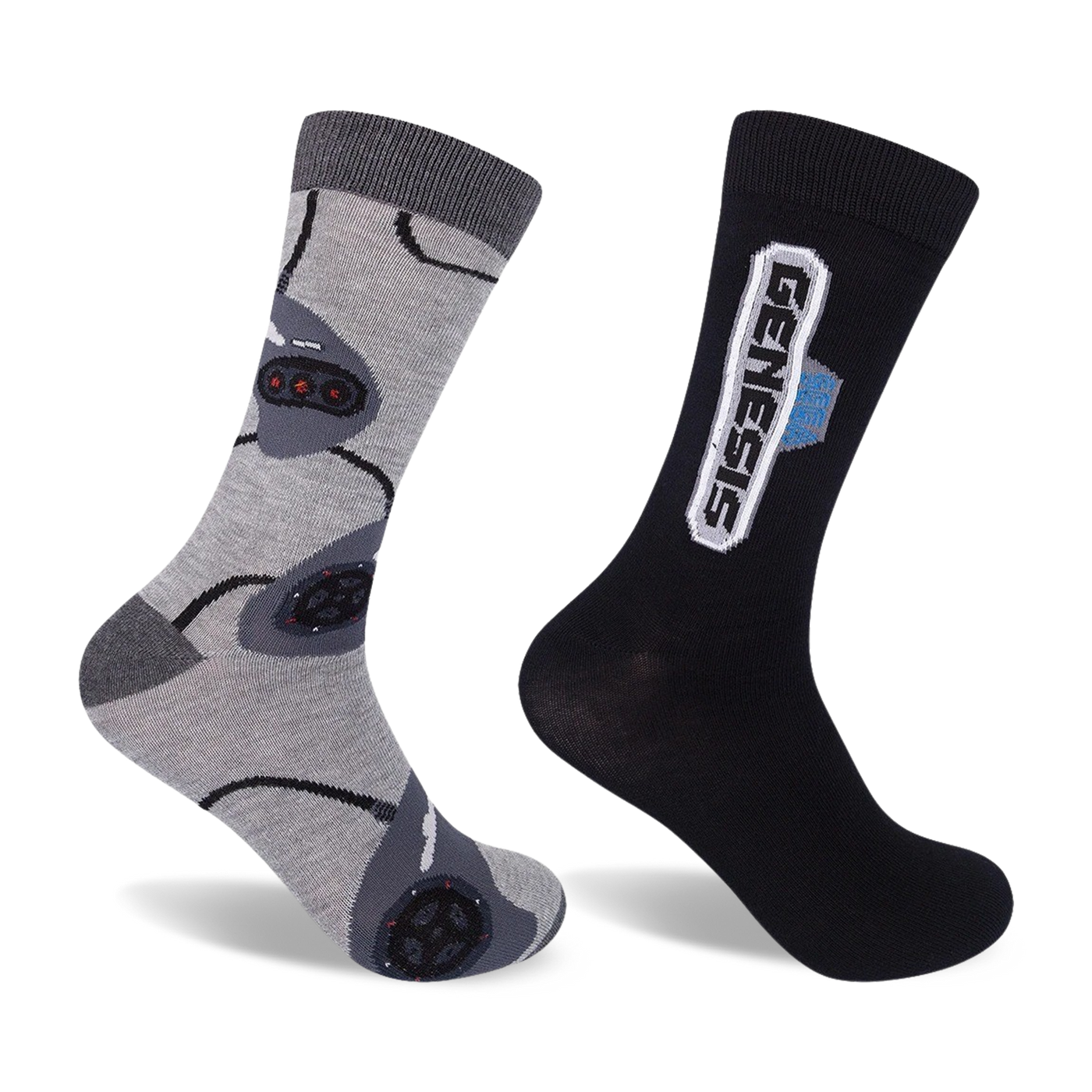 Two crew socks; one grey with repeating Sega Genesis controller designs, the other black with a white Sega Genesis logo.