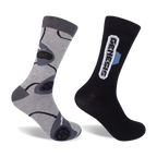 Two crew socks; one grey with repeating Sega Genesis controller designs, the other black with a white Sega Genesis logo.