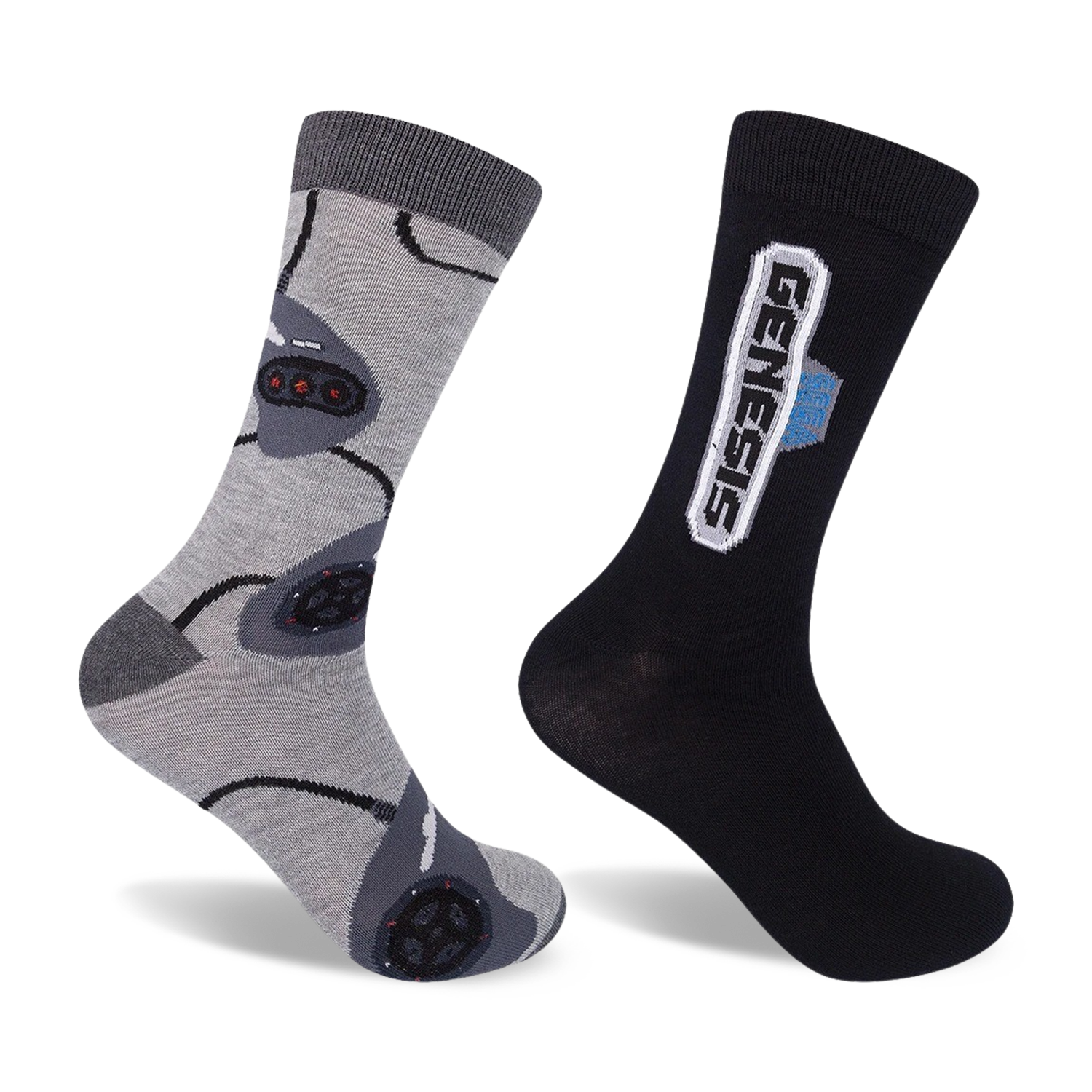 Two crew socks; one grey with repeating Sega Genesis controller designs, the other black with a white Sega Genesis logo.
