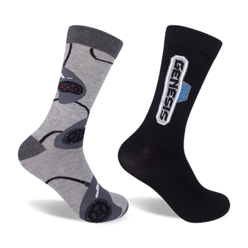sega genesis black and gray novelty socks featuring the sega logo and repeating pattern of the genesis game system controllers. perfect for men.   