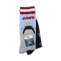 Flatlay product shot of the Jaws BW 2 Pack socks showing both socks, one on top of the other, with attached product tag.