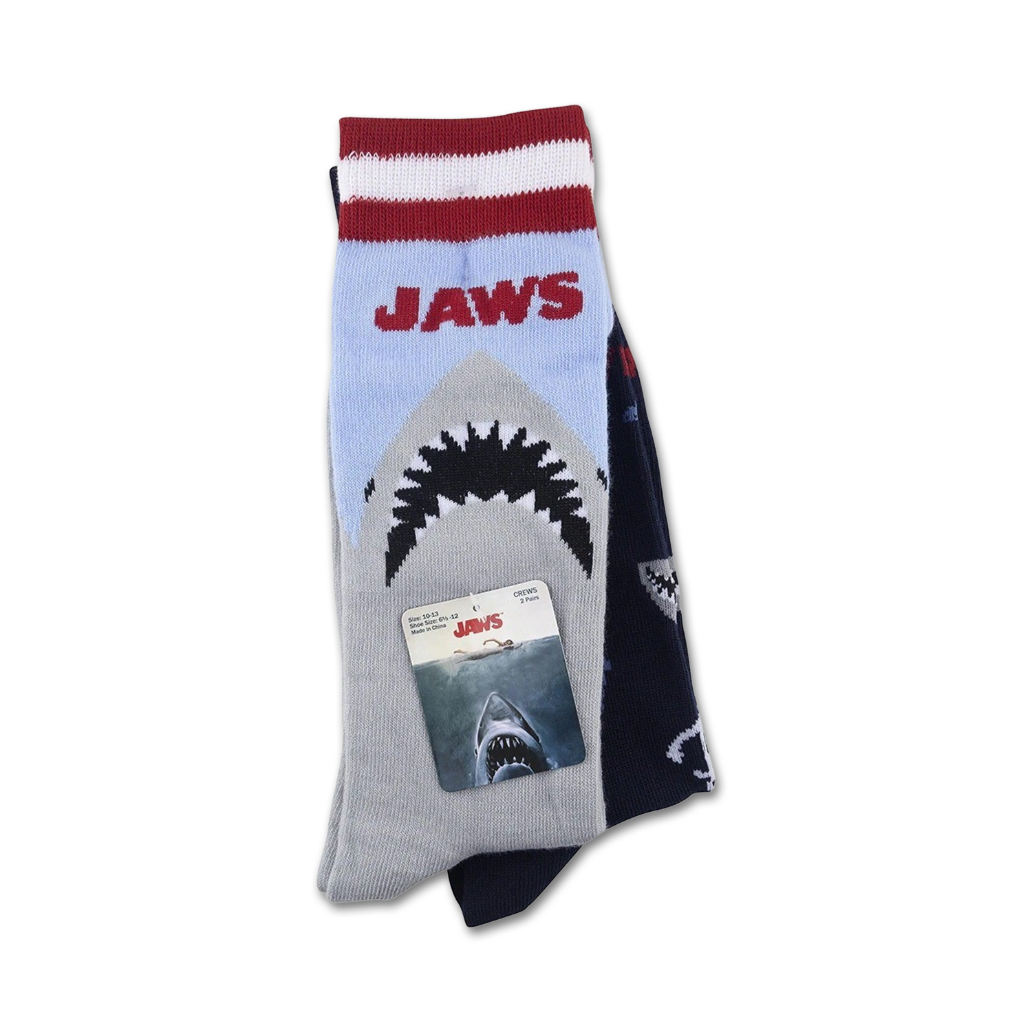 Flatlay product shot of the Jaws BW 2 Pack socks showing both socks, one on top of the other, with attached product tag.
