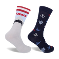 Two crew socks. One gray with red/white stripes and a Jaws shark graphic; one navy blue with nautical anchors, wheels, and small shark graphics.