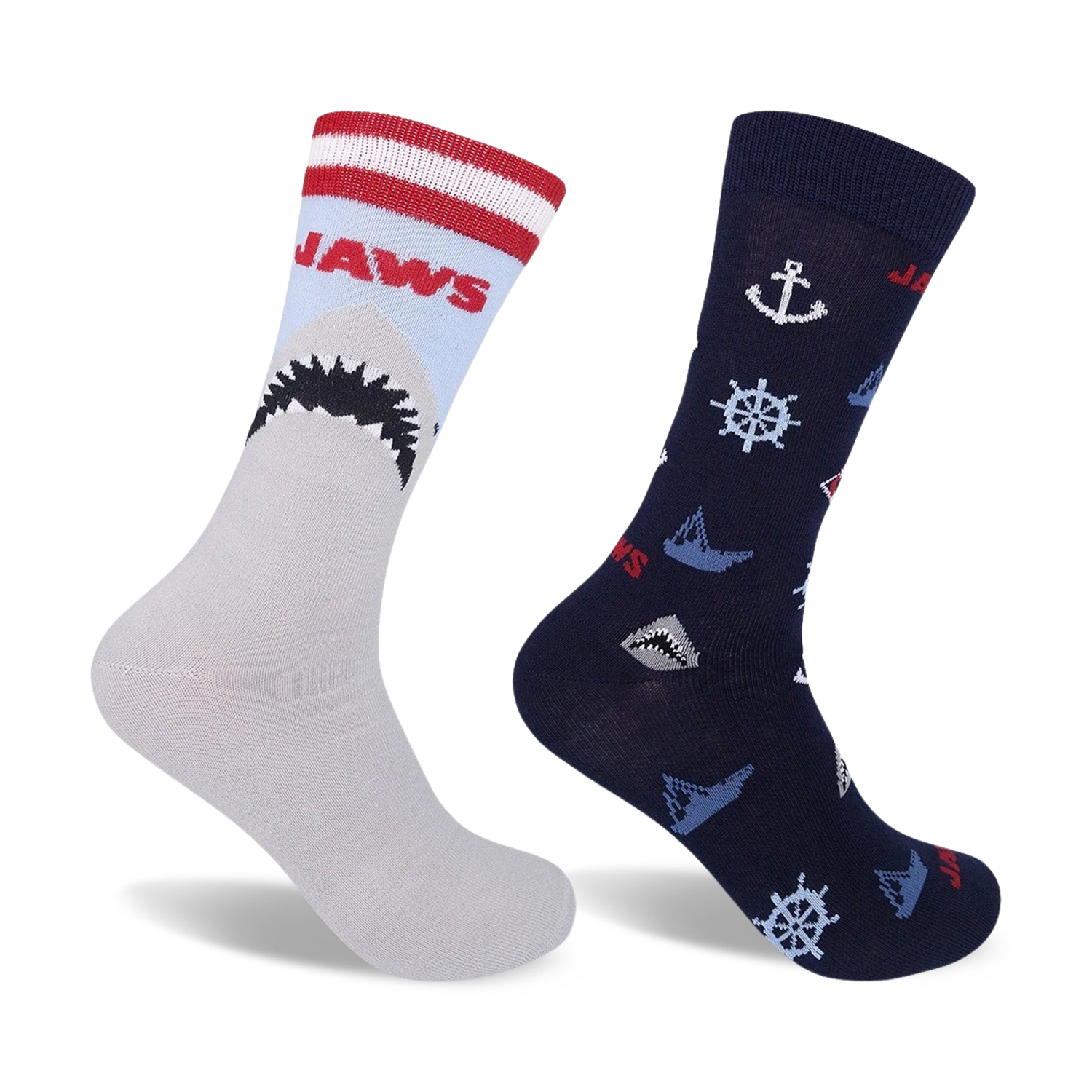 Two crew socks. One gray with red/white stripes and a Jaws shark graphic; one navy blue with nautical anchors, wheels, and small shark graphics.
