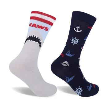 gray and dark blue jaws themed men's crew socks featuring the shark from the movie and nautical imagery.   