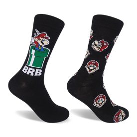 black crew socks with mario popping out of a green pipe and mario head repeating pattern.   