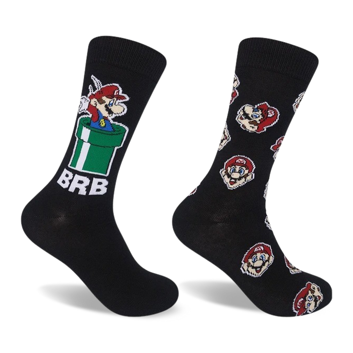 black crew socks with mario popping out of a green pipe and mario head repeating pattern.    }}