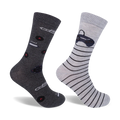 Two crew socks; one dark grey with Sega Genesis controller and button designs, the other light grey with black stripes. 