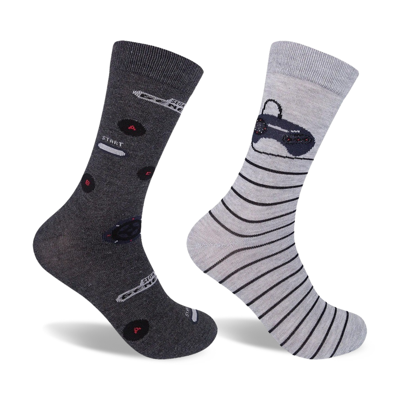Two crew socks; one dark grey with Sega Genesis controller and button designs, the other light grey with black stripes. 