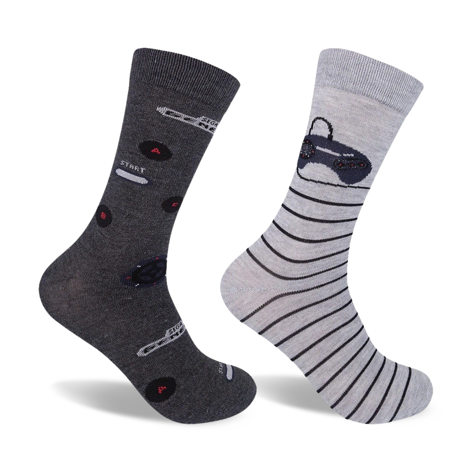 Two crew socks; one dark grey with Sega Genesis controller and button designs, the other light grey with black stripes. 