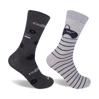 men's sega genesis console gray and black crew socks with video game controller pattern.  