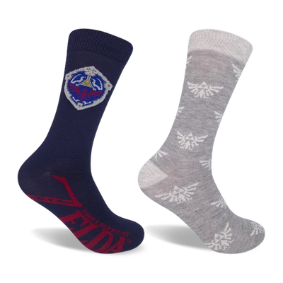 navy and light gray unisex crew socks with red and navy accents. triforce symbol pattern. perfect for nintendo and zelda fans.  