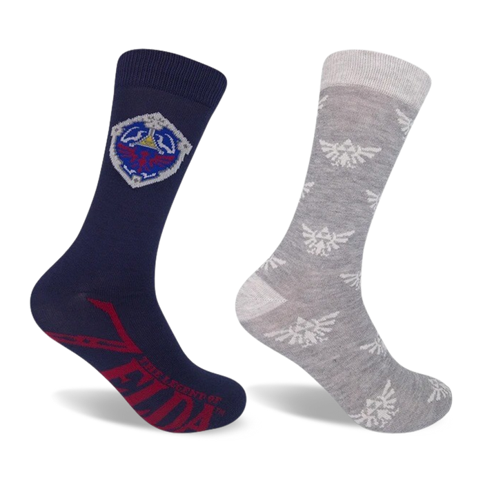 navy and light gray unisex crew socks with red and navy accents. triforce symbol pattern. perfect for nintendo and zelda fans.   }}