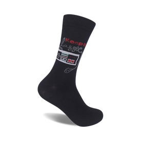 pixelated video game controller pattern socks, black with grey, nintendo classic, crew length, for men and women.   