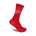 Red crew socks with the white Coca-Cola logo and 'Enjoy' text. Classic Coca-Cola design on a comfortable, red sock.