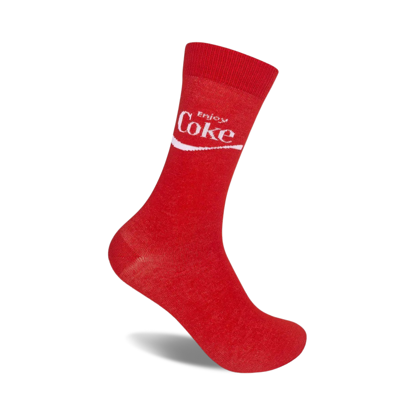 Red crew socks with the white Coca-Cola logo and 'Enjoy' text. Classic Coca-Cola design on a comfortable, red sock.