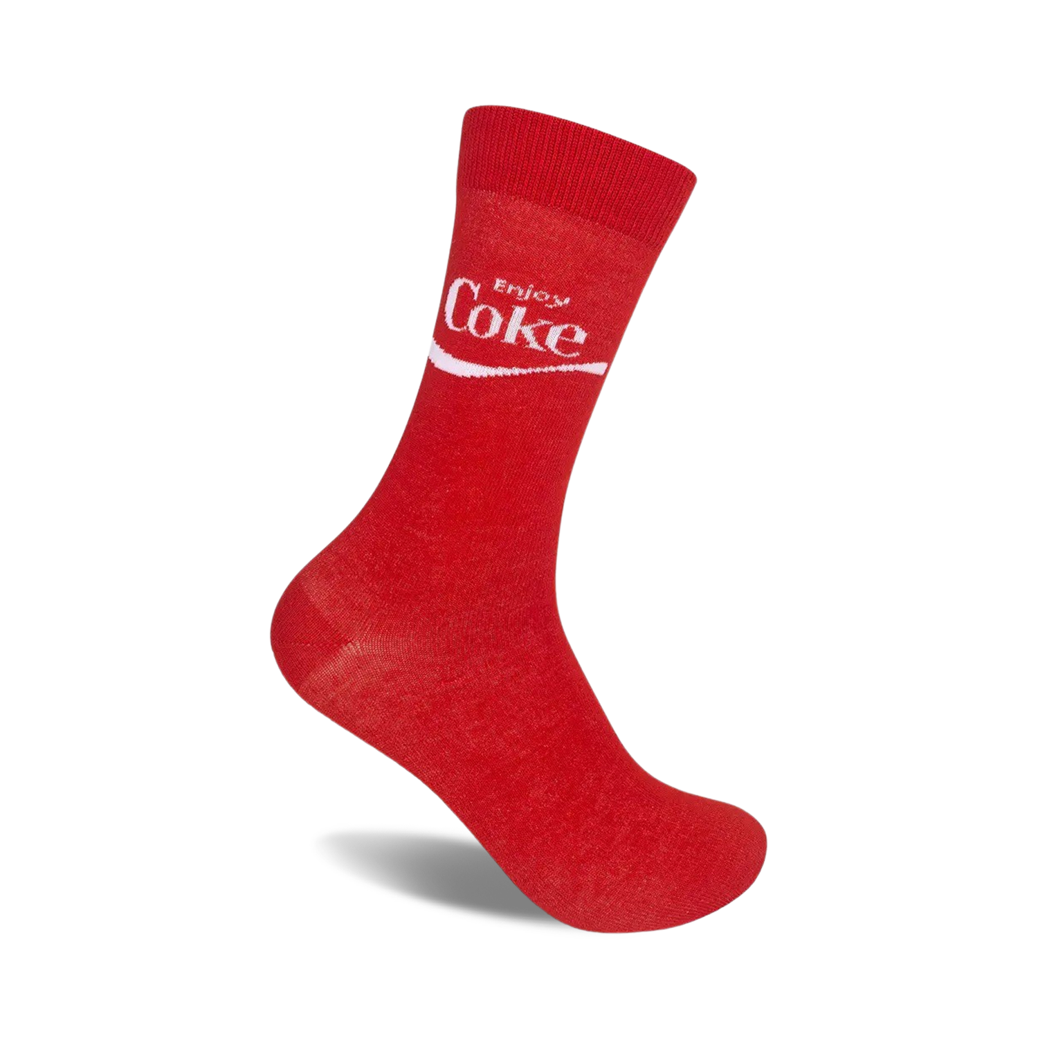 Red crew socks with the white Coca-Cola logo and 'Enjoy' text. Classic Coca-Cola design on a comfortable, red sock.
