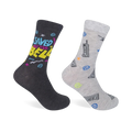 Two crew socks; one dark gray with 'Saved by the Bell' and 90s-style graphics, the other light gray with 90s-themed icons.