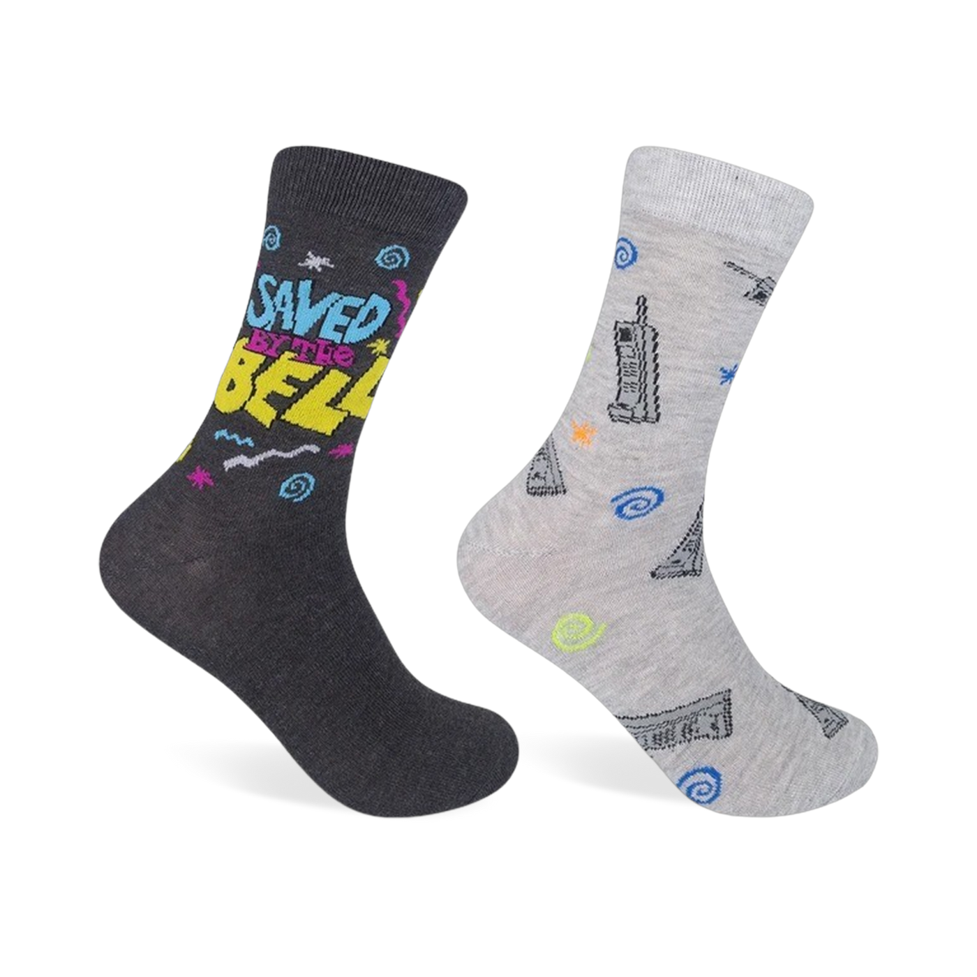 Two crew socks; one dark gray with 'Saved by the Bell' and 90s-style graphics, the other light gray with 90s-themed icons.