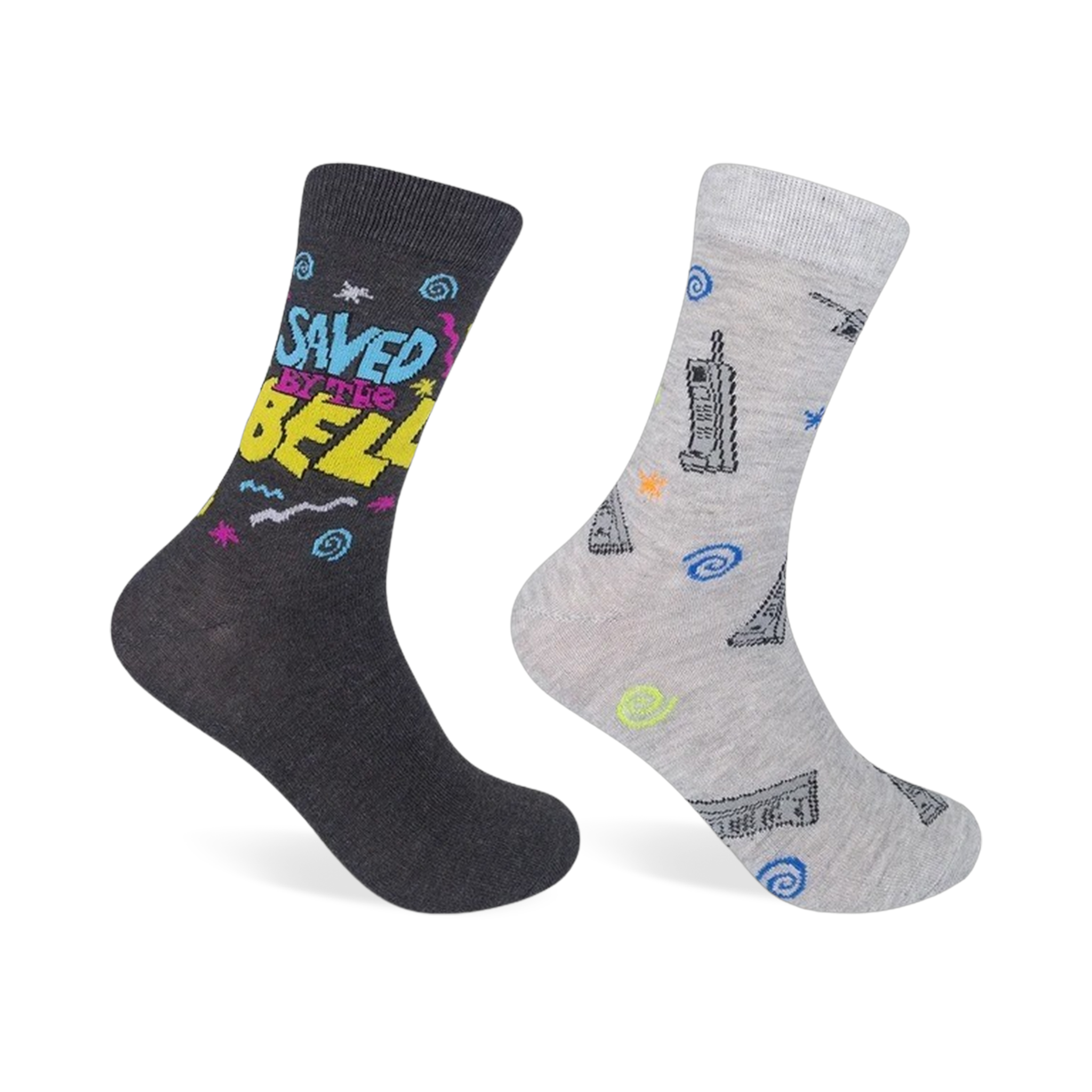 Two crew socks; one dark gray with 'Saved by the Bell' and 90s-style graphics, the other light gray with 90s-themed icons.