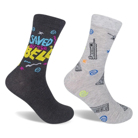 saved by the bell 2 pack 90s themed mens & womens unisex grey novelty crew socks
