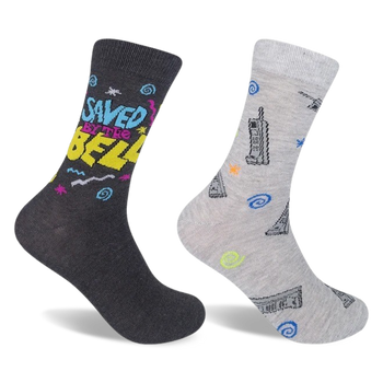 saved by the bell socks, 2-pack, gray and black with colorful patterns and shapes. available in crew length for men and women.    