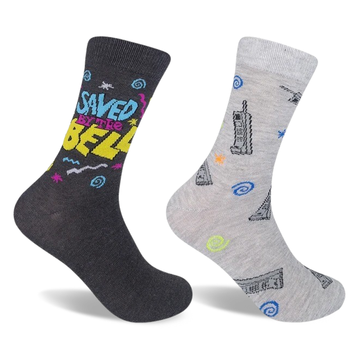 saved by the bell socks, 2-pack, gray and black with colorful patterns and shapes. available in crew length for men and women.     }}