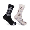 Two crew socks; one black with The Dude's portrait and 'The Dude' text, the other beige with brown coffee cups and ice cubes. 