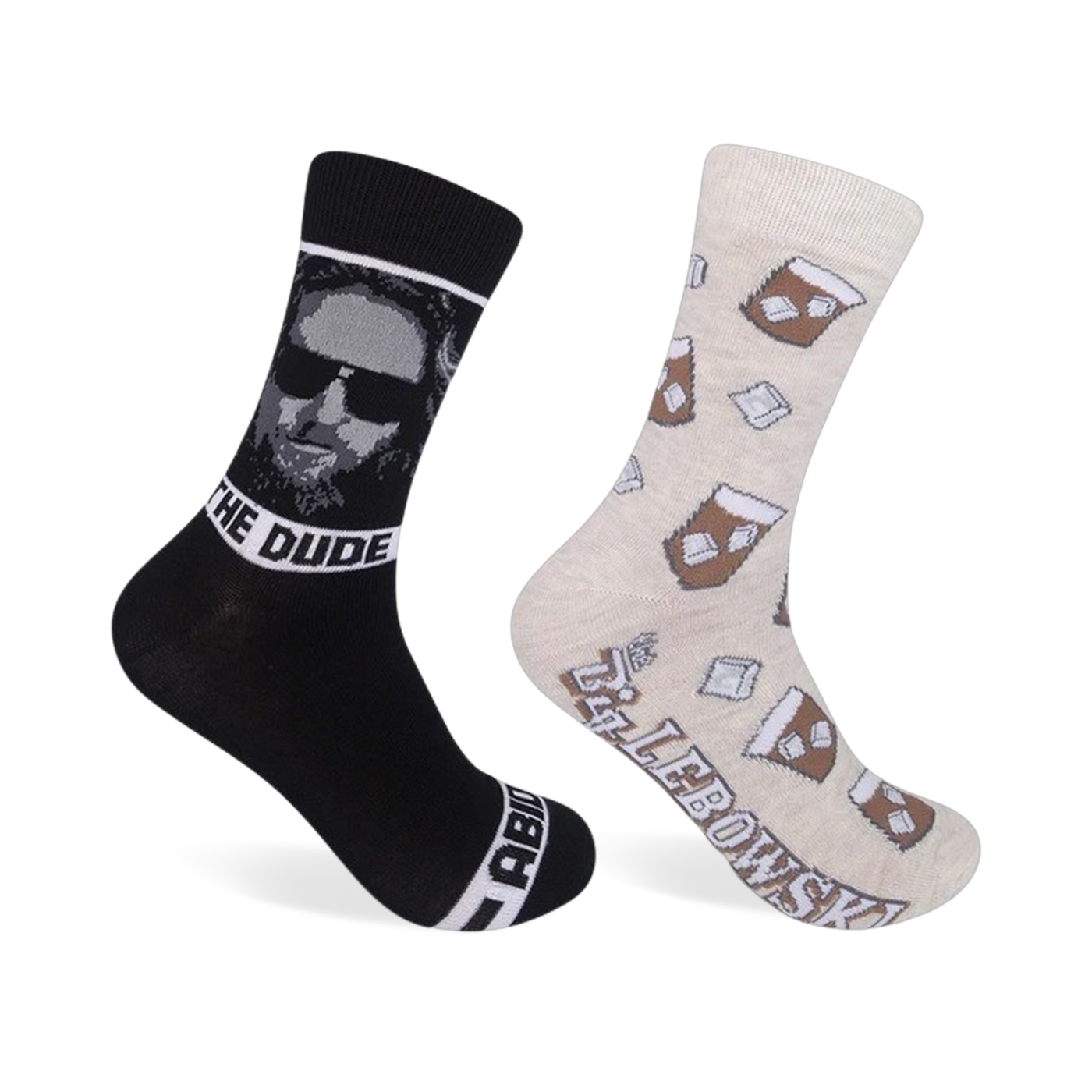 Two crew socks; one black with The Dude's portrait and 'The Dude' text, the other beige with brown coffee cups and ice cubes. 