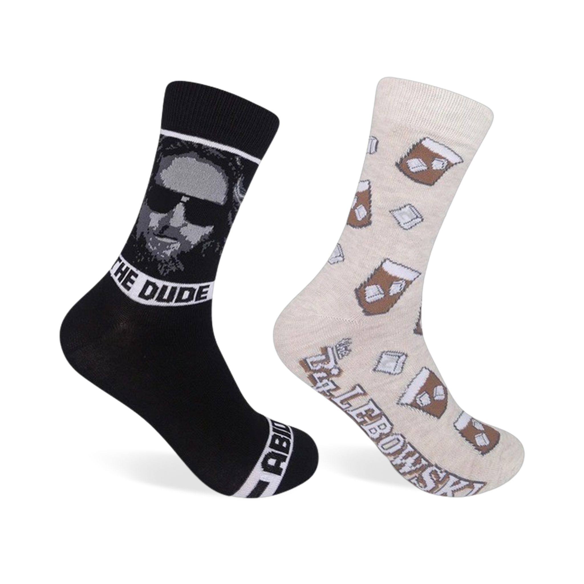 Two crew socks; one black with The Dude's portrait and 'The Dude' text, the other beige with brown coffee cups and ice cubes. 