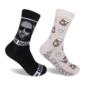 mens crew length novelty socks. one black sock has image of jeff bridges as the dude from movie "the big lebowski". other sock is beige and features the dude's drink of choice, white russians.  