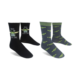 black and gray crew socks with a pattern of grogu from the star wars series the mandalorian.  