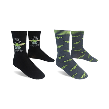 black and gray crew socks with a pattern of grogu from the star wars series the mandalorian.  