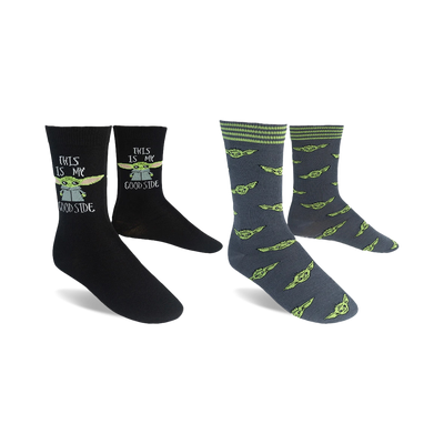 black and gray crew socks with a pattern of grogu from the star wars series the mandalorian.  