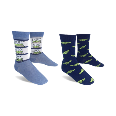 blue/white striped and dark blue baby yoda star wars crew socks, 2 pack, men's.  