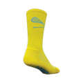 Yellow crew socks with a light blue lacrosse stick graphic and textured blue grip pattern on the sole.