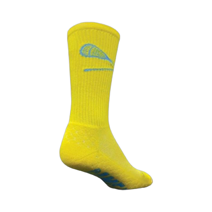 Yellow crew socks with a light blue lacrosse stick graphic and textured blue grip pattern on the sole. }}