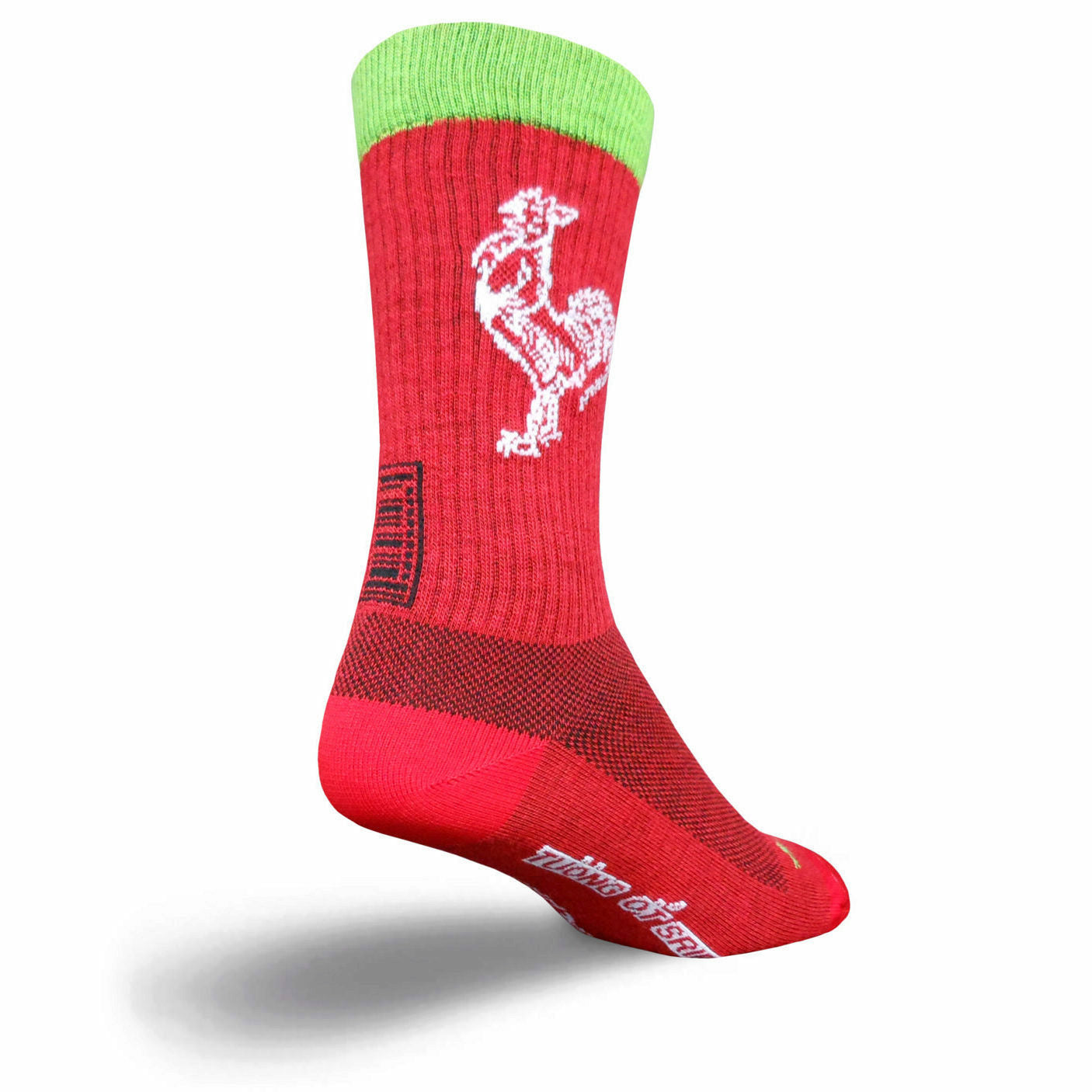 Red crew socks with a lime green cuff, featuring a white rooster graphic and black accents. 