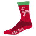 Red crew socks with a white rooster logo and green top cuff.  Huy Fong Sriracha branding is visible.